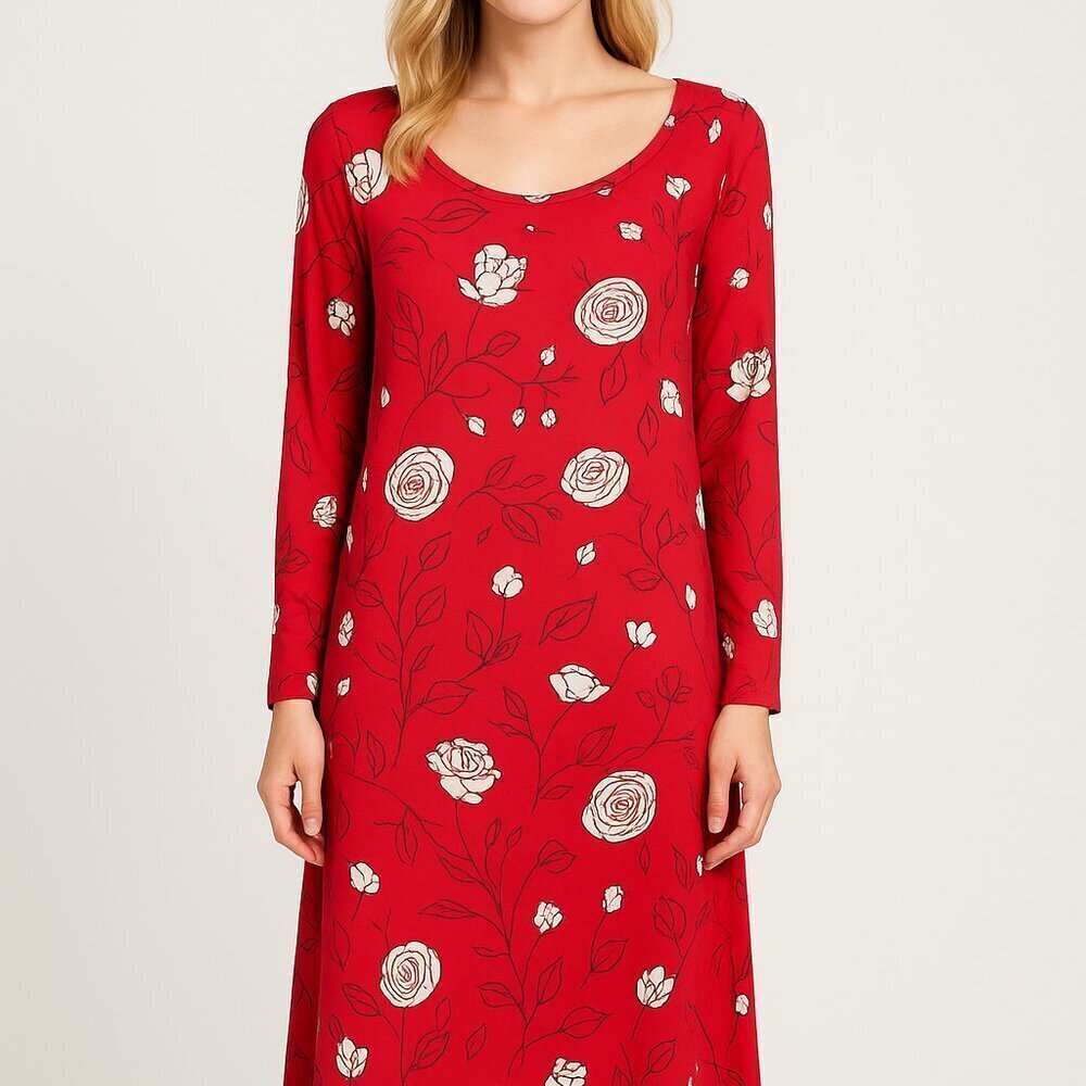 J Peterman Midi Dress Size 18 Roses Long Sleeve Red Ruched Cottagecore Feminine
